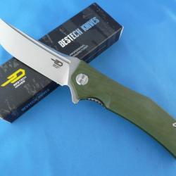 Couteau Bestech Knives Scimitar Lame Acier D2 Manche Green G-10 Linerlock BTKG05B1