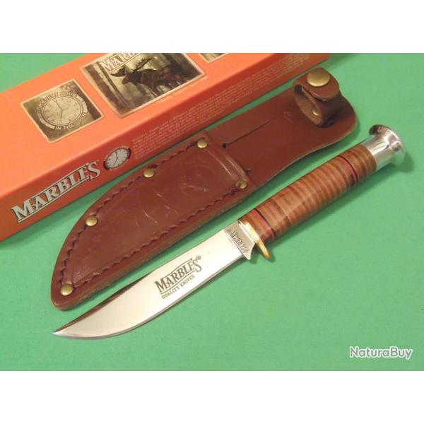 Couteau de Chasse Marbles Lame Acier Carbone Manche & Etui Cuir MR302