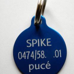 MEDAILLE Gravée chien bleue 32 mm gravure, personnalisation offerte