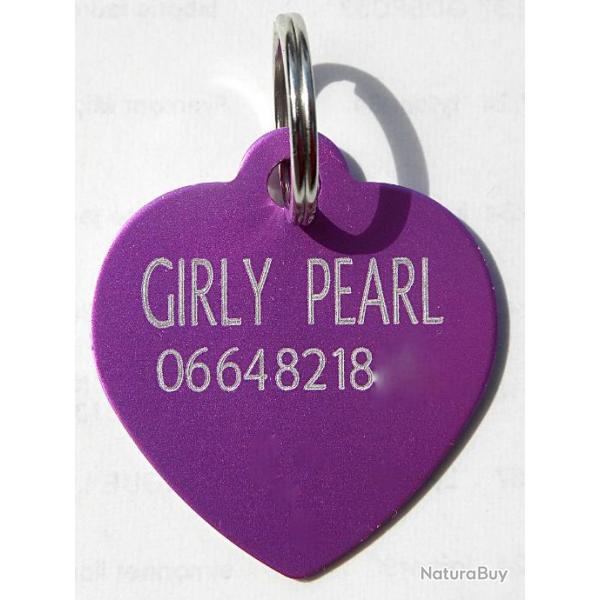 MEDAILLE Grave coeur chat chien violet grand modle gravure, personnalisation offerte