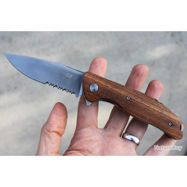 Couteau Roper Knives Lame Acier D2 Part Serr Manche Bois Linerlock Clip RP0035ZW