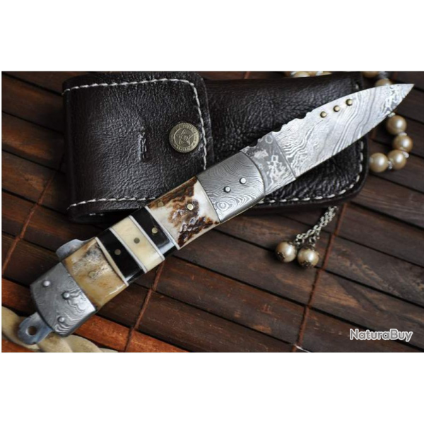 LAME DAMAS - Couteau de poche pliant en acier Damas avec cran de sret (2)