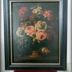 Magnifique huile/toile encadrée nature morte-bouquet de fleurs-Toile Signée et datée de 1900
