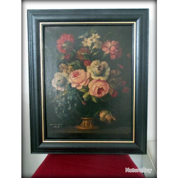 Magnifique huile/toile encadre nature morte-bouquet de fleurs-Toile Signe et date de 1900