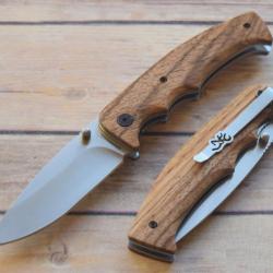 Couteau de Chasse Browning Safari Pliant Lame Acier Inox Manche Bois Linerlock Clip BR0178