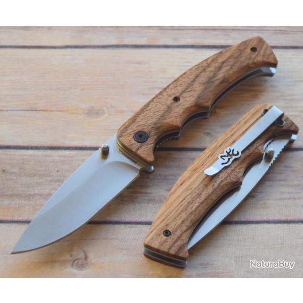 Couteau de Chasse Browning Safari Pliant Lame Acier Inox Manche Bois Linerlock Clip BR0178