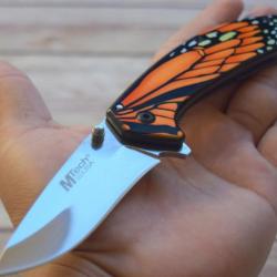 Couteau MTech Butterfly A/O Orange Manche Décor Papillon Lame Acier 3CR13 Framelock MTA1005OR
