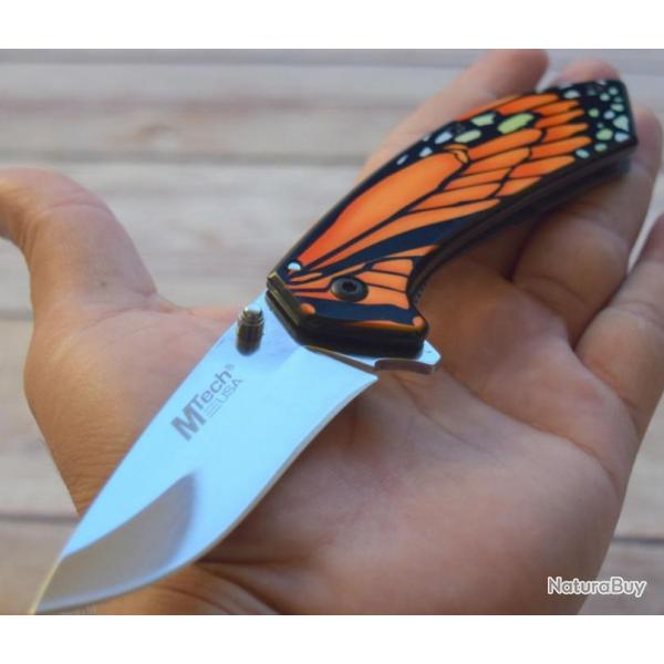 Couteau MTech Butterfly A/O Orange Manche Dcor Papillon Lame Acier 3CR13 Framelock MTA1005OR