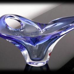 Très belle coupe bleue en Verre-cristal de Murano vintage des années 70 avec étiquette-forme libre