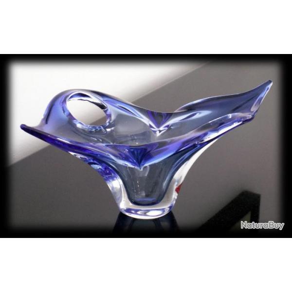 Trs belle coupe bleue en Verre-cristal de Murano vintage des annes 70 avec tiquette-forme libre