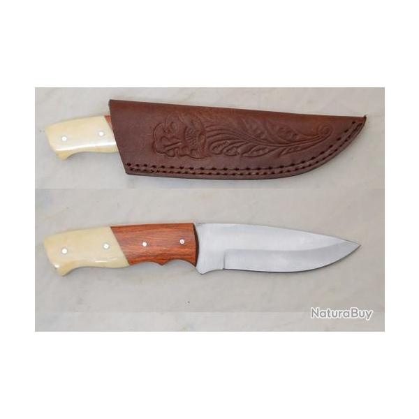 Couteau de chasse  manche bois et pvc  avec Etui cuir et lame fixe