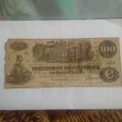 Billet authentique de 100 dollars Confédérés 1862 Guerre de Secession