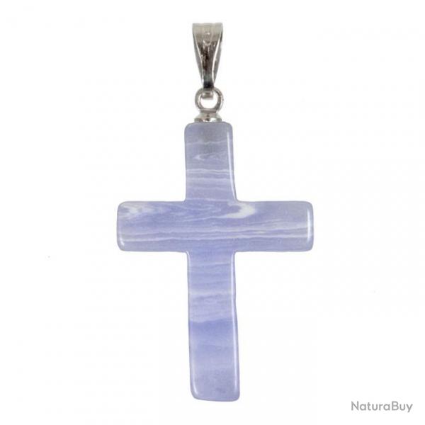 Pendentif croix crucifix en calcdoine bleue