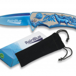 Couteau pliant de poche lame de 8.5 cm  « RainBlue » décor fantaisie Loup couleur bleu