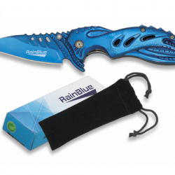 Couteau fantaisie pliant de poche lame de 8.5 cm  « RainBlue » au Design Tribal couleur bleu