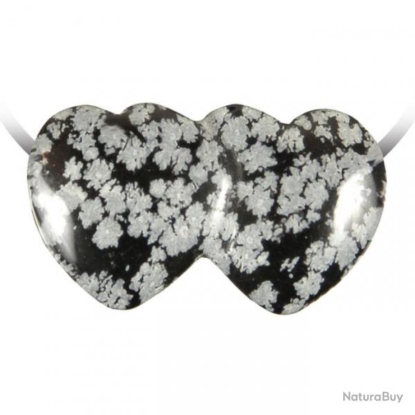 Pendentif double coeur pierre perce en obsidienne neige