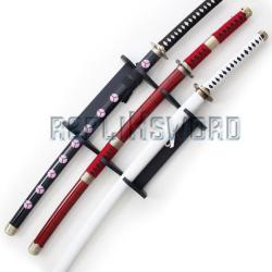 Lot 3 Katanas Tout en Bois One Piece Epees Lame en Bois + Support 3 Places Zoro Sabres Replique Zorr