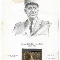 France 1970 - Vignette Hommage au Général de Gaulle frappé Or battu 23 carats - Tirage 5000 exemplai