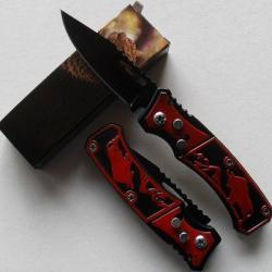 Petit Couteau Automatique Lame Acier 7 Cm Manche Acier Gravé de 9 Cm Chasse Pêche Bivouac