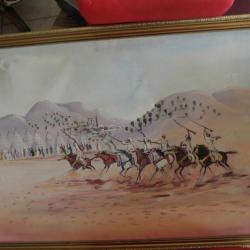 grand vieux peinture de guerriers arabes à cheval signee lauroune