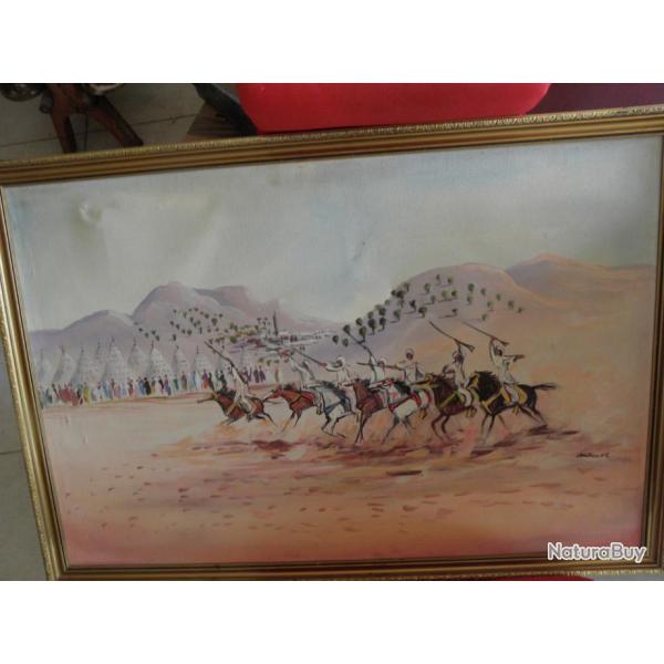 grand vieux peinture de guerriers arabes  cheval signee lauroune