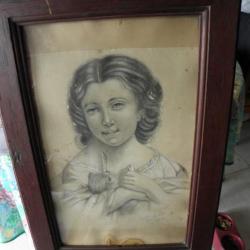 antique peinture 1884 fille avec chaton cadre en chene