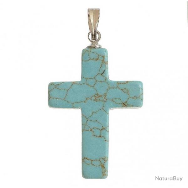 Pendentif croix crucifix en howlite teinte bleu