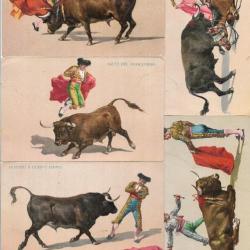 Tauromachie , toros , corrida,  lot de 9 cartes postales anciennes illustrateur non signées