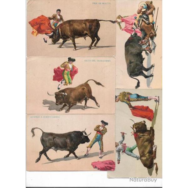 Tauromachie , toros , corrida,  lot de 9 cartes postales anciennes illustrateur non signes