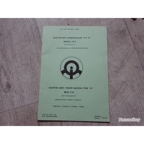 Notice du dioptre pour fusil Rubin Schmidt K31 Suisse Waffenfabrik