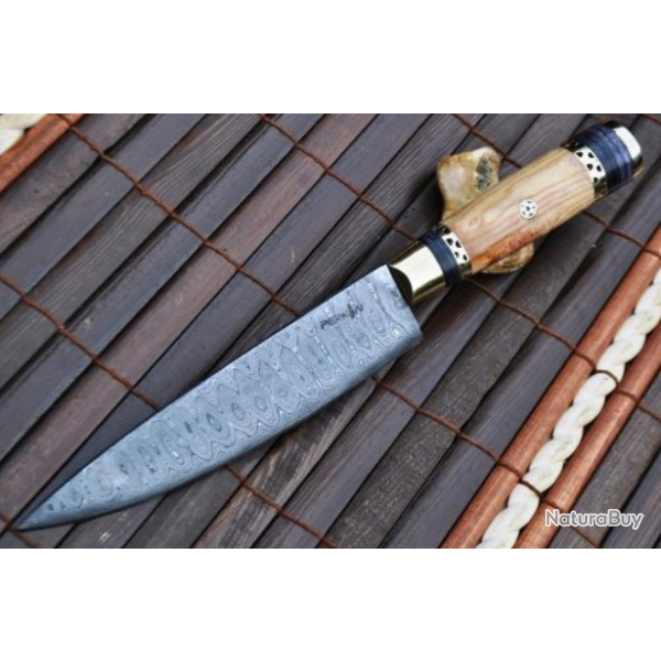 Couteau de chef Damas fabriqu  la main avec manche en bois et mosaque