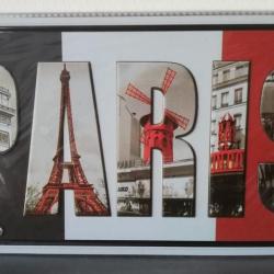 Rare plaque tôle PARIS ARC TRIOMPHE TOUR EIFFEL style EMAIL 15X31cm vintage MOULIN ROUGE trois coule