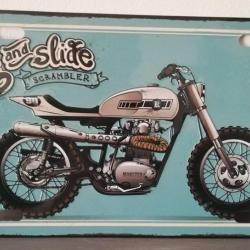 Rare plaque tôle MOTO RIDE AND SLIDE SCRAMBLER style EMAIL 15X30 VINTAGE ROUTE 66 USA