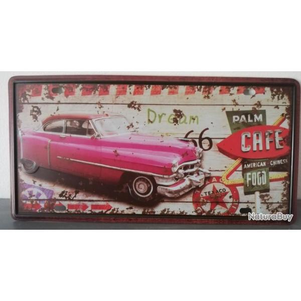 Rare plaque tle PALM CAFE CADILLAC 62 rose ROUTE 66 style EMAIL 15X31cm VINTAGE
