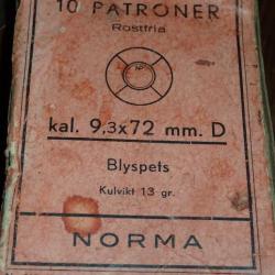 Boite ancienne Norma contenant 6 balles en 9,3x72R - Ogive plomb swc