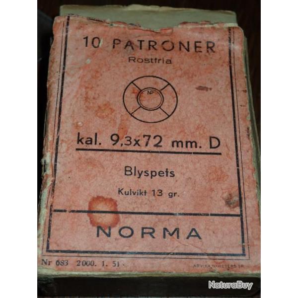 Boite ancienne Norma contenant 6 balles en 9,3x72R - Ogive plomb swc