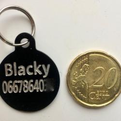 MEDAILLE Gravée chien noire "ronde 25 mm" petit modèle gravure, personnalisation offerte