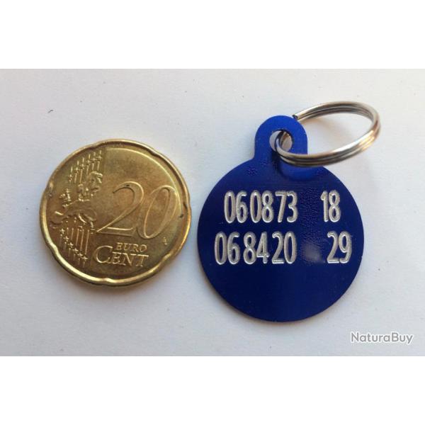 MEDAILLE Grave chien bleue "ronde 25 mm" petit modle gravure, personnalisation offerte