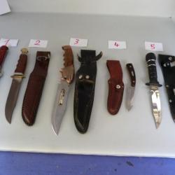 5 couteaux collection chasse aux choix 29e l'un lion sanglier poignard bronze boussole inox etuis