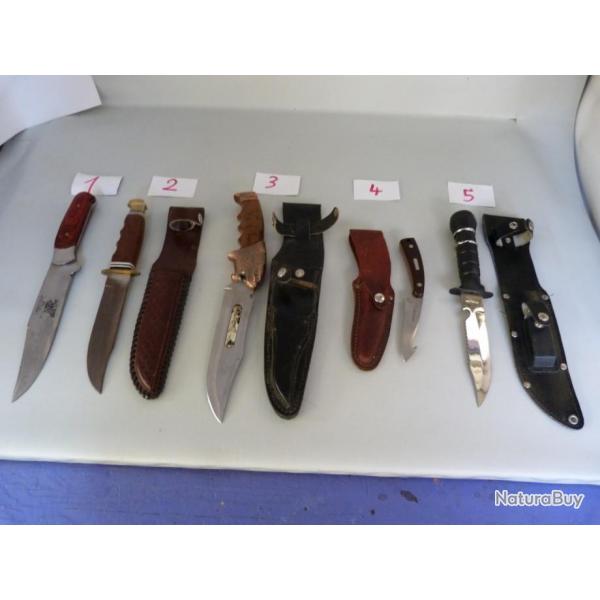 5 couteaux collection chasse aux choix 29e l'un lion sanglier poignard bronze boussole inox etuis