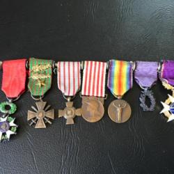 Barrette 7 medailles en reduction Legion d'Honneur 1870, 14-18, Combattant, Interalliée....