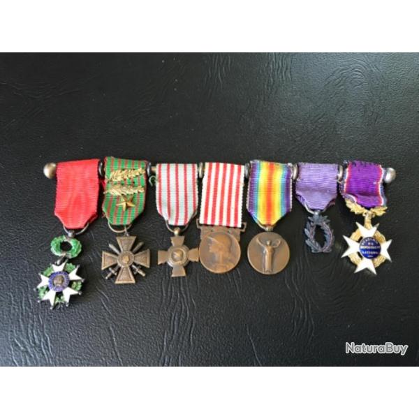 Barrette 7 medailles en reduction Legion d'Honneur 1870, 14-18, Combattant, Interallie....