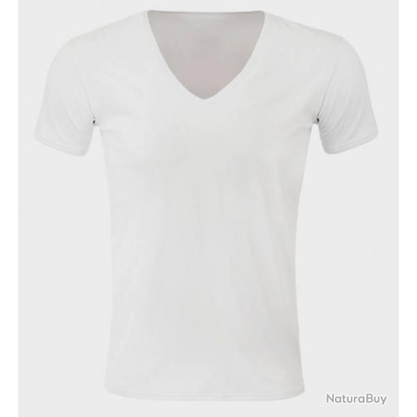 Tee shirt anti transpirant homme col V. NanoDri Blanc