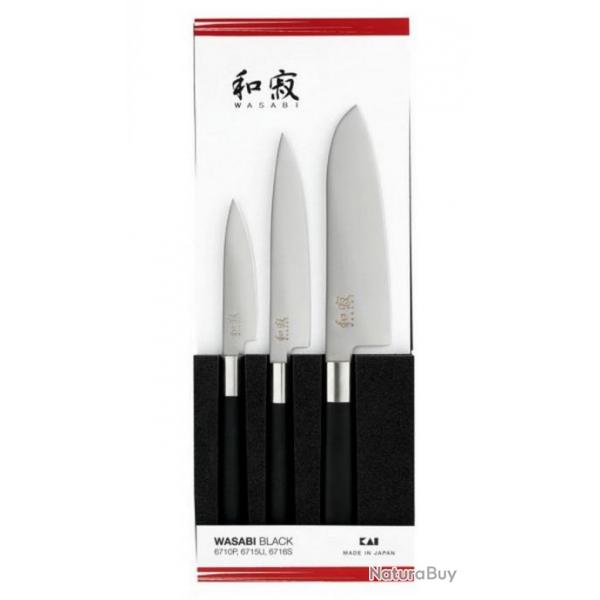 Coffret 3 couteaux "Wasabi black" Universel/Santoku [Kai]