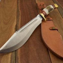 Couteau Bowie Alamo Bolo American Hunter Acier Carbone/Inox Manche Bois de Cerf Etui Cuir AH793