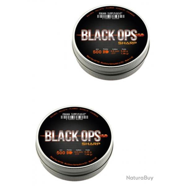 Lot de 2 Boites de 500 plombs Black Ops Sharp  tte pointue cal. 4.5 mm