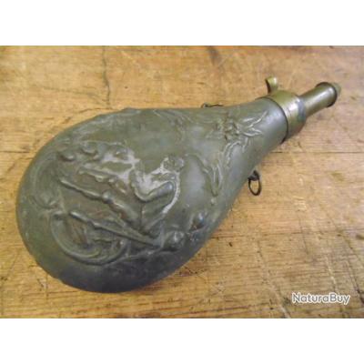 Ancienne Poire à Poudre Corne Et Laiton - Collection Chasse - Déco France