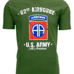 TEE SHIRT VERT MANCHES COURTES 82ND AIRBORNE US ARMY ALL AMERICAN D-DAY DEBARQUEMENT NORMANDIE
