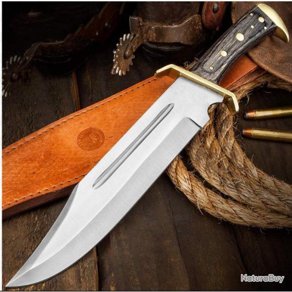 Couteau Bowie Frost Cutlery Sunrise Bowie Lame Acier Carbone/Inox Manche Bois Etui Cuir FHK00216