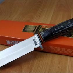 Couteau Bowie Marbles Horn Lame Acier Carbone/Inox Manche Corne Etui Cuir MR456